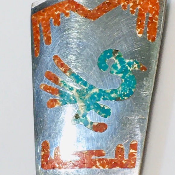 Vintage Sterling Navajo Bennett Road Runner Bolo Tie Turquoise & Red Coral Chip - Picture 4 of 11